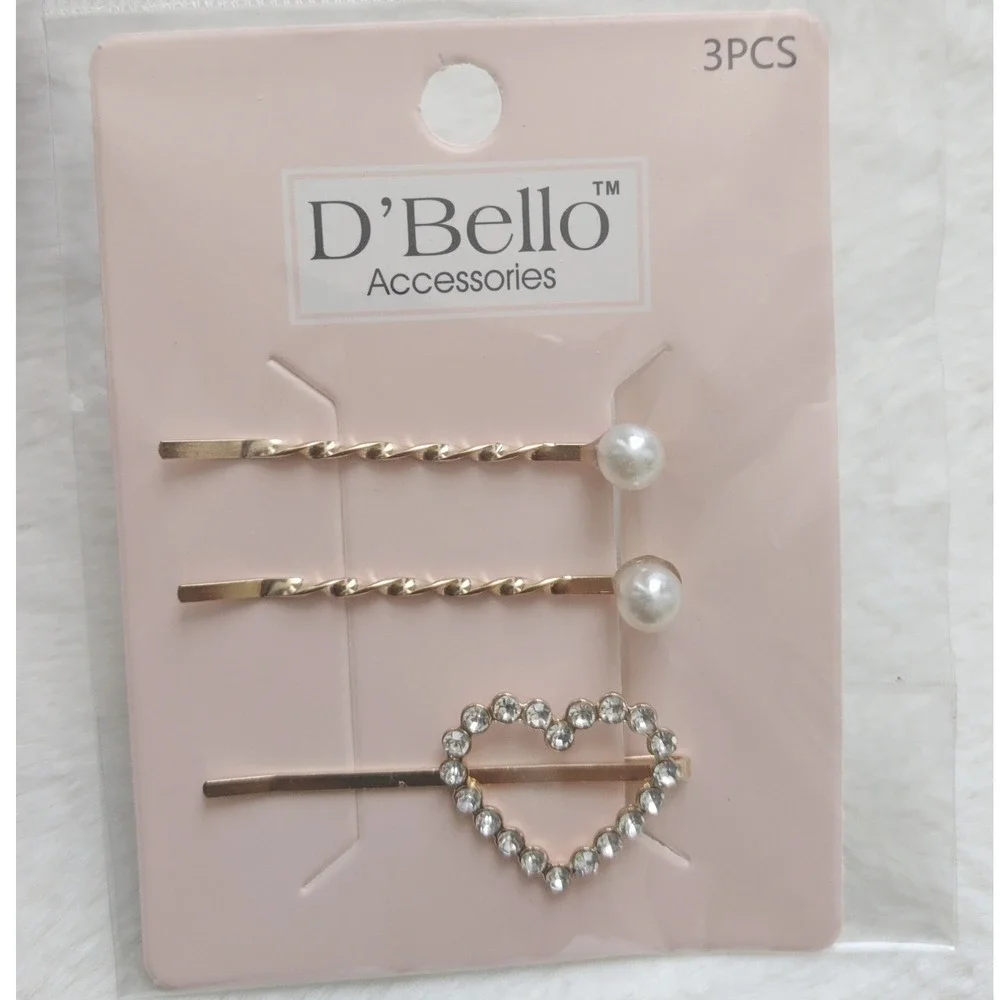 D'Bello Women Hair Accessories Gold Bobby Pin Pearl Heart Rhinestone 3 Piece Set